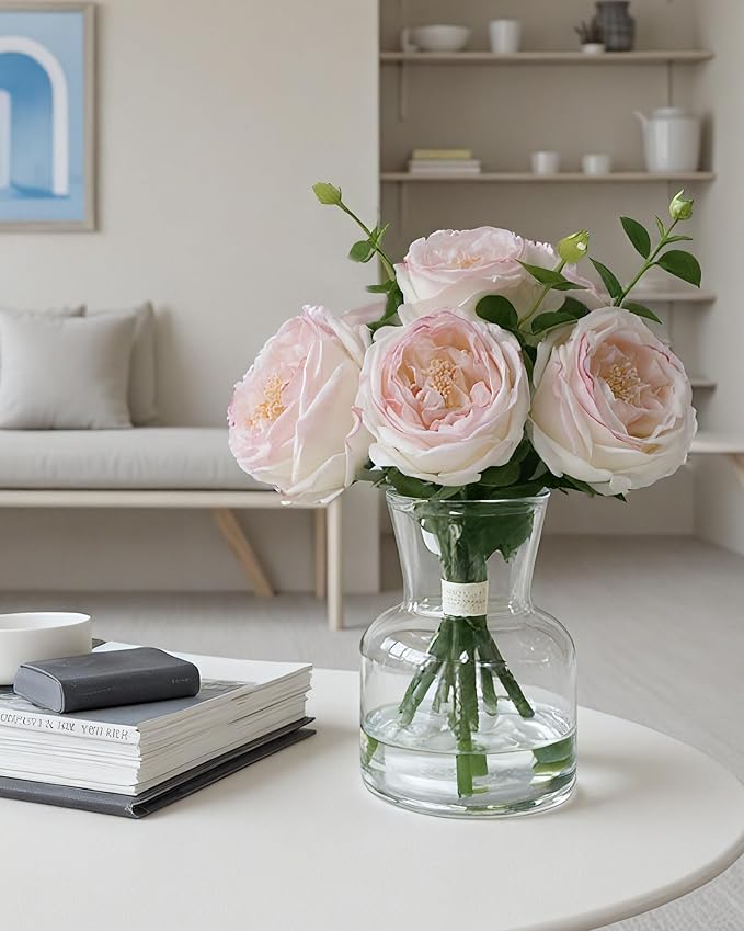 CHASMILE Lifelike Artificial Light Pink Rose Bouquet in Vase - 3D Petals & Stem Design - Table Centerpiece for Wedding, Restaurant, or Home Dining Room