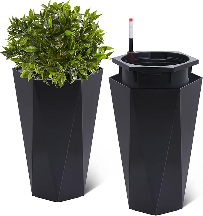 22.4 Inch Tall Planters for Outdoor Indoor Plants Set of 2, Tapered Large Flower Pots with 2 Trays and a Water Level Monitor Planter Pots, Plant Pot for Patio, Balcony, Lounge