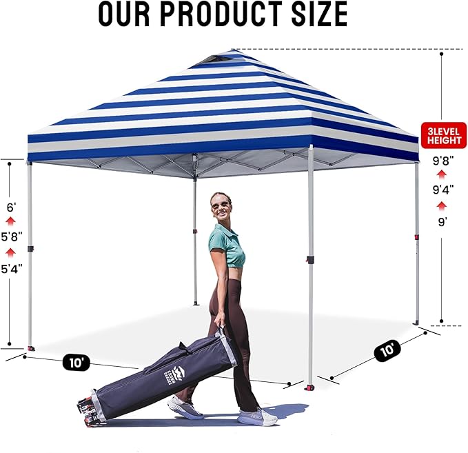 CROWN SHADES 10x10 Pop Up Canopy - Beach Tent with One Push Setup - Outdoor Sun Shade for Events, Parties, Camping - STO-N-Go Cover Bag, Silver Coated Top, 3 Height& 4 Sand Bags, Navy Blue Stripes