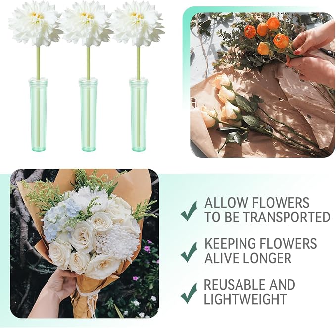 Vials for Flower Arrangements 2.8 Inch Floral Water Tubes Plastic Floral Vials with Caps (Green, 30 Pack)