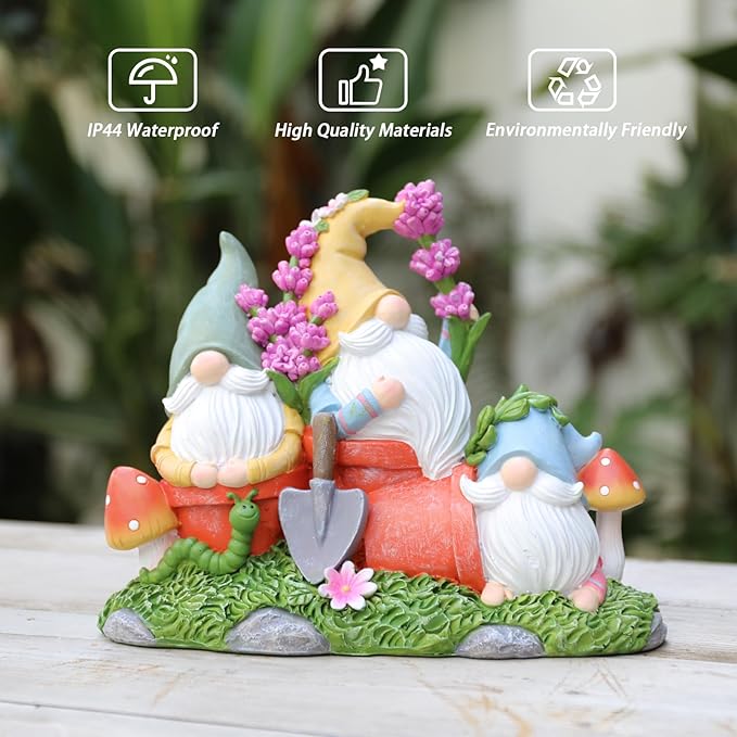 Garden Gnome Statue, Gnomes Figurine on Flower Pot with Floret and Mushrooms, Waterproof Resin Outdoor Decor for Patio Lawn Yard Home Tabletop Decoration