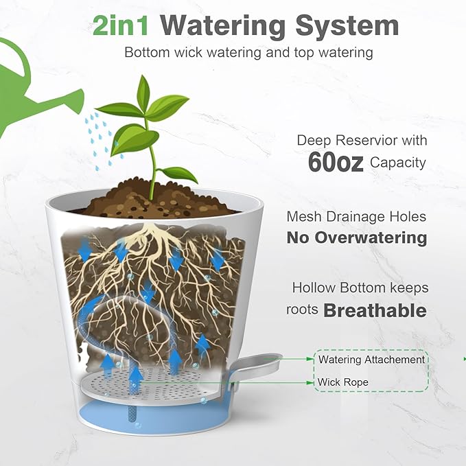 SwinDuck 12inch Large Self Watering Plant Pot, Plastic Cylinder Planter with 60Oz Deep Reservoir and Saucer for Indoor Outdoor Plants Flowers Houseplants, White with Brown