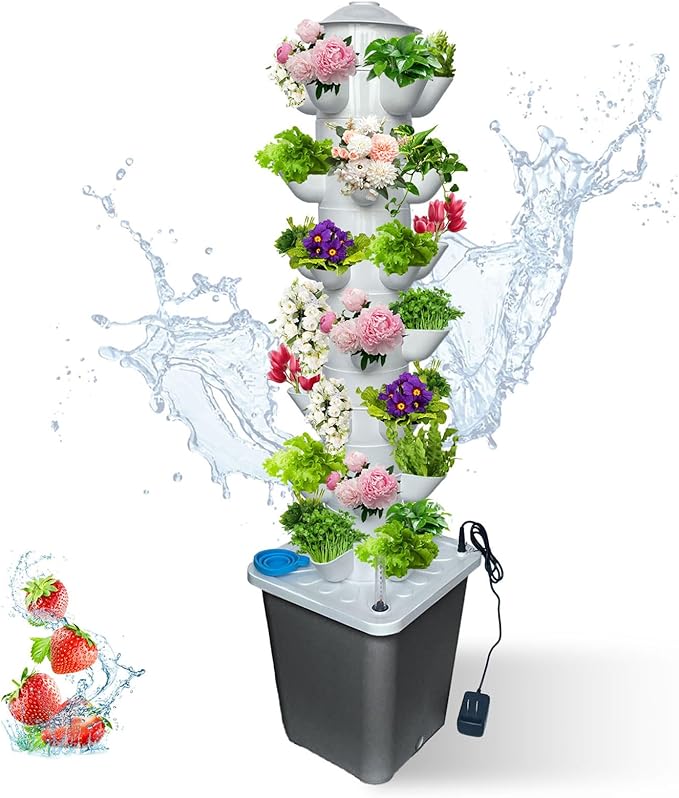 35 Pots Hydroponic Tower, Hydroponics Growing System Tower, Vertical Tower Planter, Pump Tower with Timer Automatic Watering, Irrigation Pump and Movable Water Tank, for Hydroponic Lovers, Grey