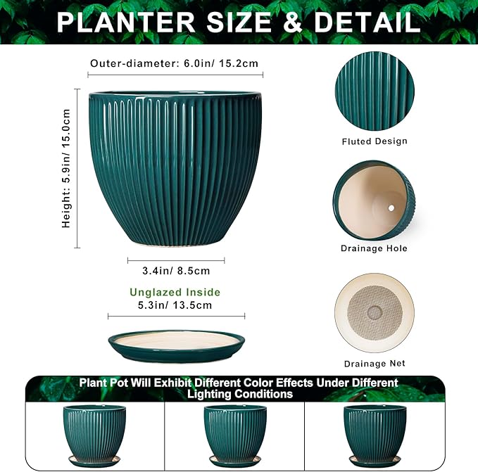 Ceramic Flower Pots, 6 Inch Planters with Drainage Hole and Saucer, Decorative Round Plant Pots for Indoor Plants, Modern Succulent Pot, Office Bedroom Decor, Plant Lover Gifts, Blackish Green