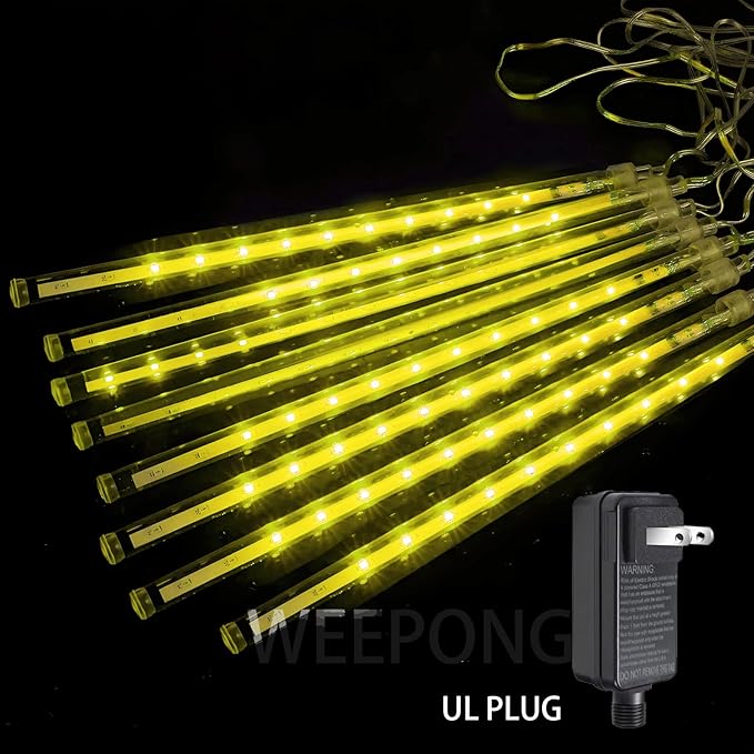 Weepong Christmas Lights Outdoor Falling Rain Meteor Shower Lights 12 inch 8 Tube 192 LED Snowfall Icicle Cascading String Light for Xmas Tree Christmas Decorations Holiday Garden, UL Plug,Warm White