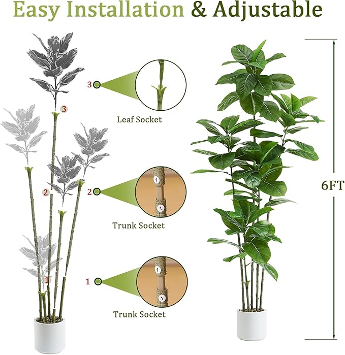 Ficus Tree Artificial Plants Indoor, 6FT Tall Fake Trees in White Pot, Large Potted Silk Floor Plant Artificial Trees, Green Lifelike Faux Ficus Tree for Home Room Office Porch Decor-Green