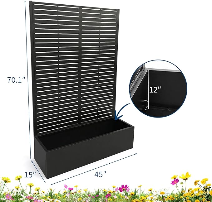 Metal Raised Garden Bed with Trellis & Privacy Screen, 70.1"x45"x15" Galvanized Metal Planter Box with Drainage Holes for Patio Balcony Outdoor Climbing Plants Flowers Vegetable, Black