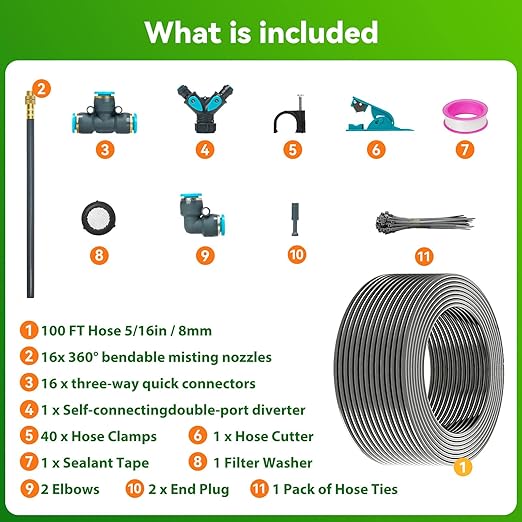 360° Adjustable Drip Irrigation System 100FT,5/16" Garden Watering Kit with 16 Copper Nozzles,82Pcs Drip Irrigation Kit，Automatic Misting Sprinkler System for,Raised Bed, Patio, Lawn & Yard Care