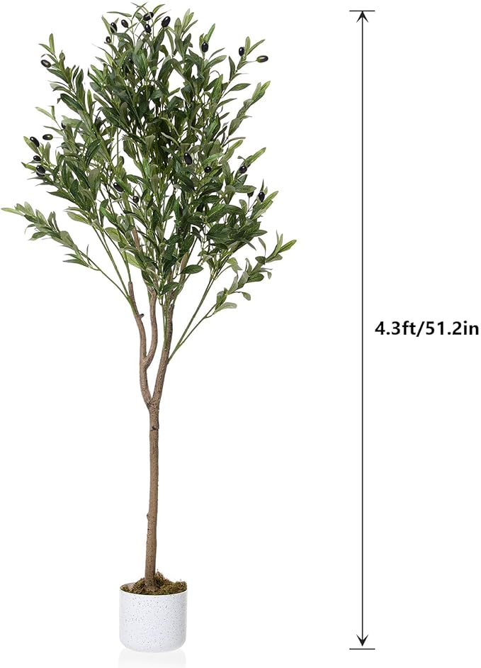 4.3FT Olive Trees Artificial Indoor, Potted Fake Olive Tree with Silk Leaves & 44 Fruits, Decorative Floor Plant for Living Room Indoor Outdoor Office Decor