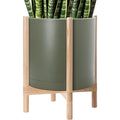 D'vine Dev Planter Pot with Stand - 16 Inch Plastic Cylinder Flower Pot with Wood Planter Holder for Indoor, Olive Pot + Natural Stand, 55-C-Y-3