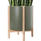 D'vine Dev Planter Pot with Stand - 16 Inch Plastic Cylinder Flower Pot with Wood Planter Holder for Indoor, Olive Pot + Natural Stand, 55-C-Y-3
