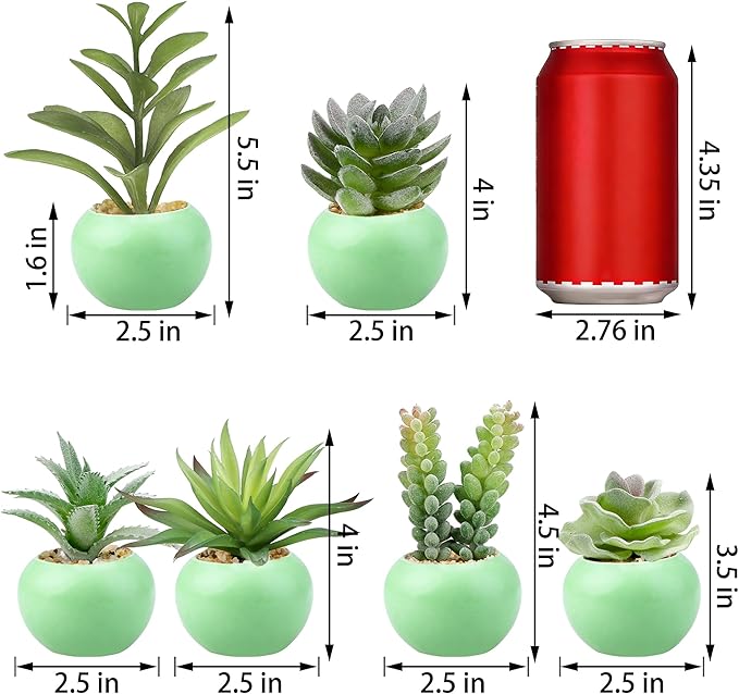 GREENTIME 6 Pcs Artificial Succulent Plants Bulk in Mini Ceramic Pots Small Fake Succulent Plant Faux Indoor Decor Bedroom Desk Bathroom Office Living Room Table Shelf Home Decoration (Green)