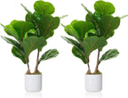 2 Set Fiddle Leaf Fig Fake Plants, 15.7" Faux Green Bonsai Tree with White Marble-Look Pot with Black Speckles, Cement Moss Base, Decorative Artificial Plants Indoor for Home & Office
