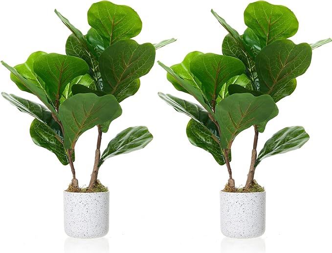 2 Set Fiddle Leaf Fig Fake Plants, 15.7" Faux Green Bonsai Tree with White Marble-Look Pot with Black Speckles, Cement Moss Base, Decorative Artificial Plants Indoor for Home & Office