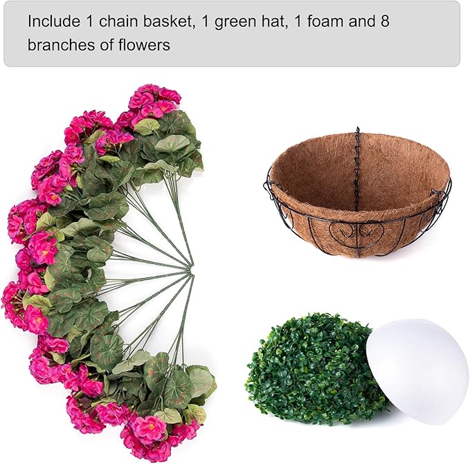 INSPRING Geraniums Artificial Flowers Hanging Basket for Outdoors Outside Spring Decoration, 8 Bundles Silk Flowers Fake Plants Look Real UV Resistant for Porch Home Patio Balcony Yard, Fuchsia