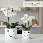 2 Pack, 5 + 6 Inch White Orchid Pots with Butterflies and Tulips Holes and Saucer, Ceramic Orchid Planters for Repotting with Drainage Holes and Tray Indoor Outdoor, Butterfly Gift