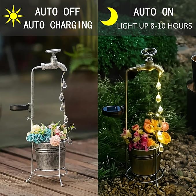 JIAJIAMEI Solar Water Faucet Bucket Lights Outdoor Garden Decor, Waterproof Vintage Decorations with LED Light for Yard Lawn Patio Pathway