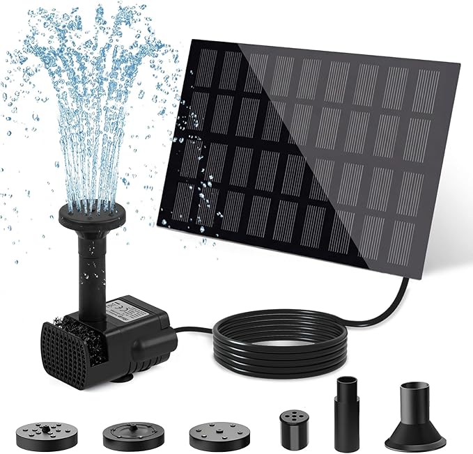 Yeomi Solar Fountain Pump for Bird Bath, 2W Upgraded Solar Water Pump with Separate Panel & 3M/9.84ft Cable, 4 Nozzles for Fountain Effects, Eco-Friendly for Bird Bath, Garden, Pond, Patio Decor
