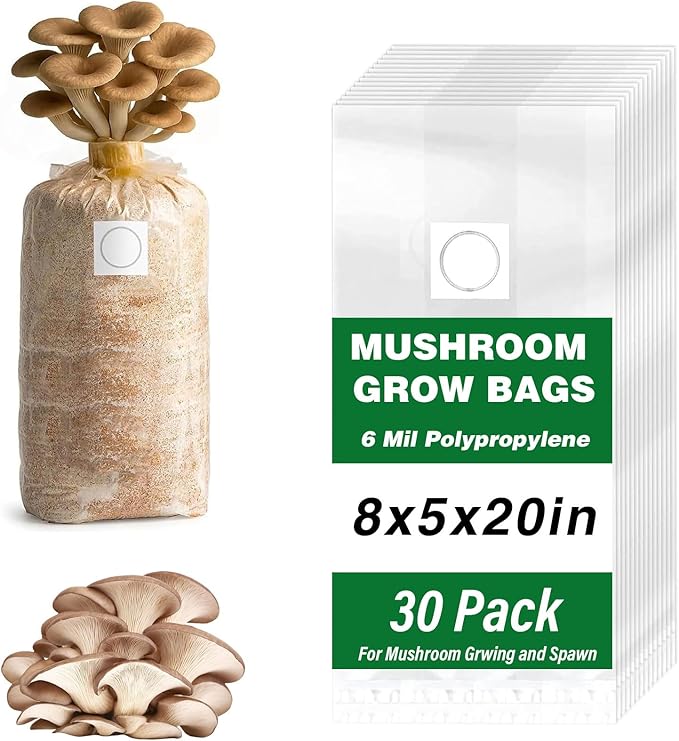 Mushroom Grow Bags, 30 Pack 6 Mil Polypropylene Mushroom Substrate Bags, 8"x5"x20" with Breathable 0.2 Micron Filter Patch, Large Autoclavable Bags for Substrates Strong Tear Resistant