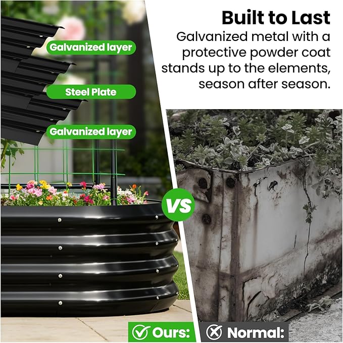 DoCred 2 in 1 Galvanized Raised Garden Bed, 2Pcs Garden Planter Box with 71" H Trellis for Climbing Plants, Outdoor Gardening Raised Beds with Climbing Net for Fruits, Vegetables, Flower (Black)