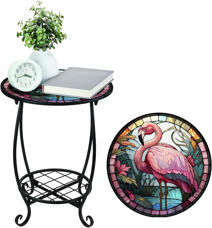 Outdoor Side Table Round Small Mosaic Patio Accent Indoor End Plant Coffee Tea Table for Yard Patio Porch Garden Living Room, Bedroom(Flamingo Style,12 Inch)