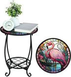 Outdoor Side Table Round Small Mosaic Patio Accent Indoor End Plant Coffee Tea Table for Yard Patio Porch Garden Living Room, Bedroom(Flamingo Style,12 Inch)