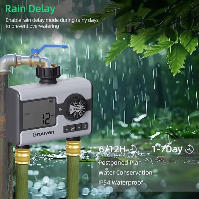 Water Timer for Garden Sprinkler Hose Timer with Rain Delay, Manual, Automatic Watering System Programmable，2 Outlet