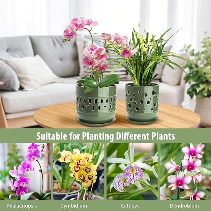 Orchid Pots with Holes, 5+6 Inch Ceramic Orchid Pot, Enhance Good Ventilation and Drainage, Flower Pots for Indoor/Outdoor Plants 2 Pack - Forest Green