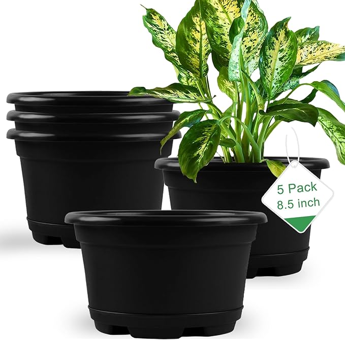 KPUVX 5 Pack 8.5 inch Plant Pot,Outdoor Flower Pots,Plastic pots for Plants Indoor with Drainage Holes and Trays, Decorative Garden Containers Sets for Houseplants