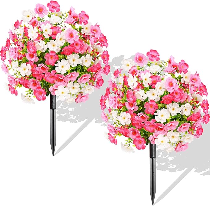 Waipfaru Set of 2 Artificial Boxwood Topiary with Colorful Flowers, 23" UV Resistant Fake Bushes Faux Outdoor Plants, Artificial Shrubs with Ground Spike for Outdoor Garden Front Porch(Pink, White)