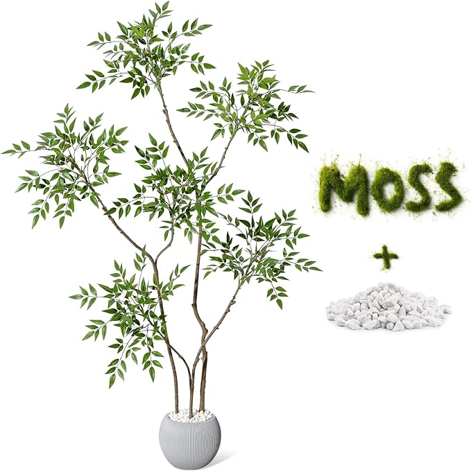 GarveeHome Artificial Plants Indoor, 5 ft Tall Faux Floor Plant in Pot, Nandina Artificial Tree with Grey Planter for Home Decor Office Living Room