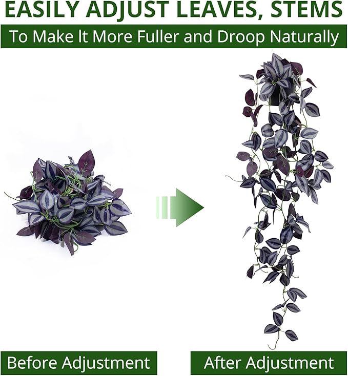 LOYWREE Small Fake Hanging Purple Eyebrow Leaf Plant Artificial Potted Plants Indoor 39-in Long Faux Dark Black Vine Plant with Pot for Shelf Home Office and Outdoor Garden Decor (Black Pot)