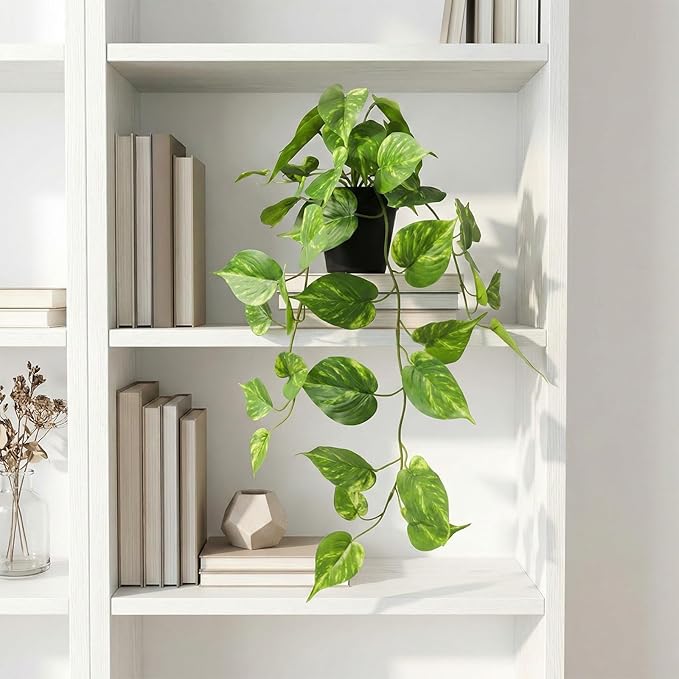 Fake Pothos Hanging Plants – Artificial Plastic Ivy Vines with Pots, Realistic Faux Greenery for Indoor Home Office Bathroom Shelf Cabinet Tabletop Decoration