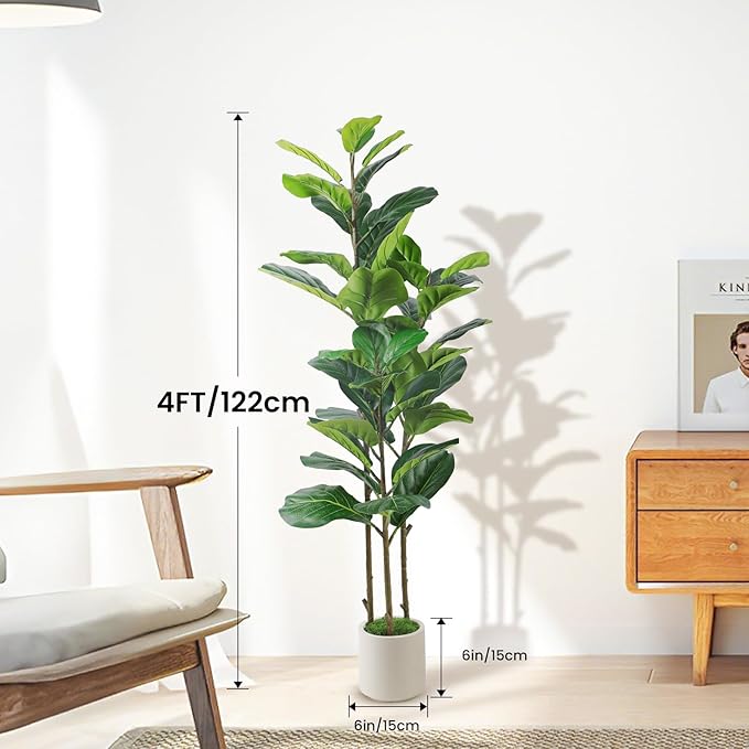 Alupssuc 4FT Artificial Fiddle Leaf Fig Tree with White Planter Pot, 4 feet Tall Fake Tree for Home Decor, Faux Ficus Tree Fake Moss for Indoor Outdoor Office Living Room