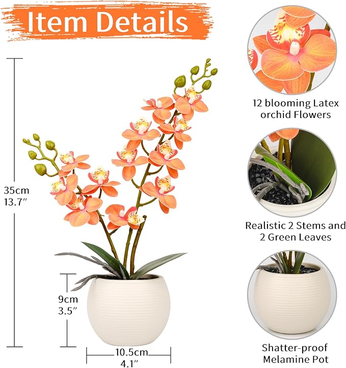 Artificial Orchid Orange Flower Potted in White Pot, Real Touch Faux Phalaenopsis Orchid for Wedding Home Office Party Decor