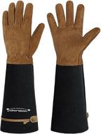 HANDLANDY Long Gardening Gloves for Men & Women, Pigskin Leather Rose Pruning Gloves, Breathable Thorn Proof Gauntlet Glove (Coffee Brown, M)