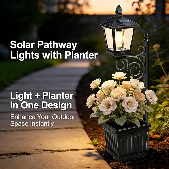 Solar Pathway Lights with Planter, 2-in-1 Outdoor Solar Lamp Post Light with Planter and Artificial Flowers, 27/35inch Outdoor Planters with Lights for Lawn,Patio,Yard & Pathway Decor (27in(Small)*2)