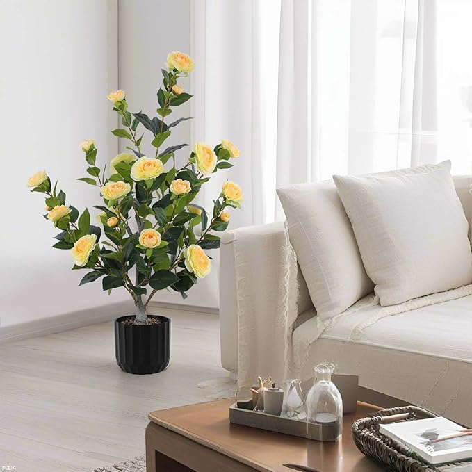 Hananona 2 Pcs Artificial Camellia Trees Faux Camellia Plant in Pot with Flowers Indoor Plants for Spring Home Decor Outdoor Porch Front Door Decor (Yellow, M)