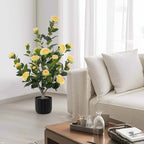 Hananona 2 Pcs Artificial Camellia Trees Faux Camellia Plant in Pot with Flowers Indoor Plants for Spring Home Decor Outdoor Porch Front Door Decor (Yellow, M)