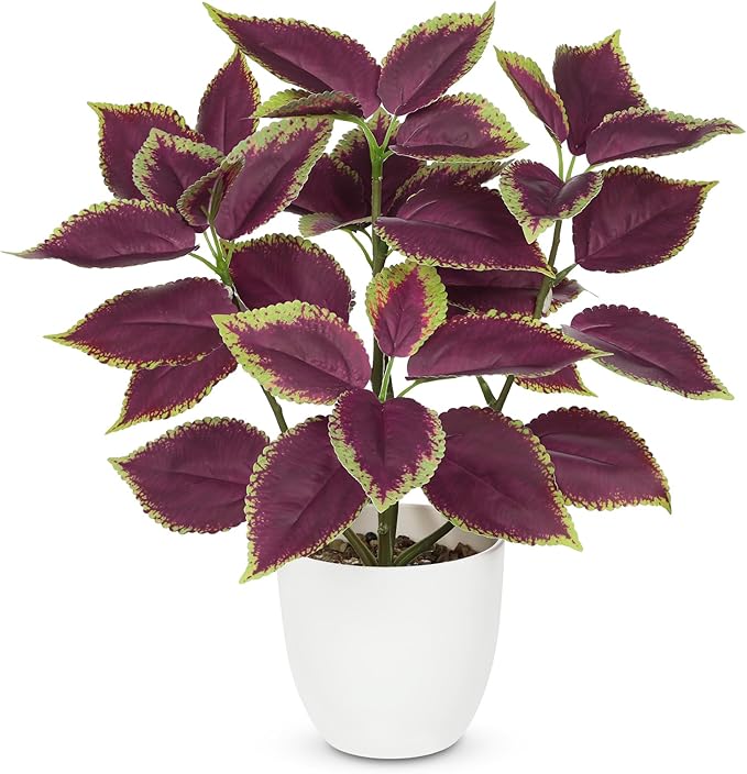 Artificial Plants Indoor 14.2" Small Fake Perilla Plant in Pot Potted Plants Artificial Decor Faux House Plant with White Pot for Farmhouse Home Office Bathroom Living Room Table Shelf Decor