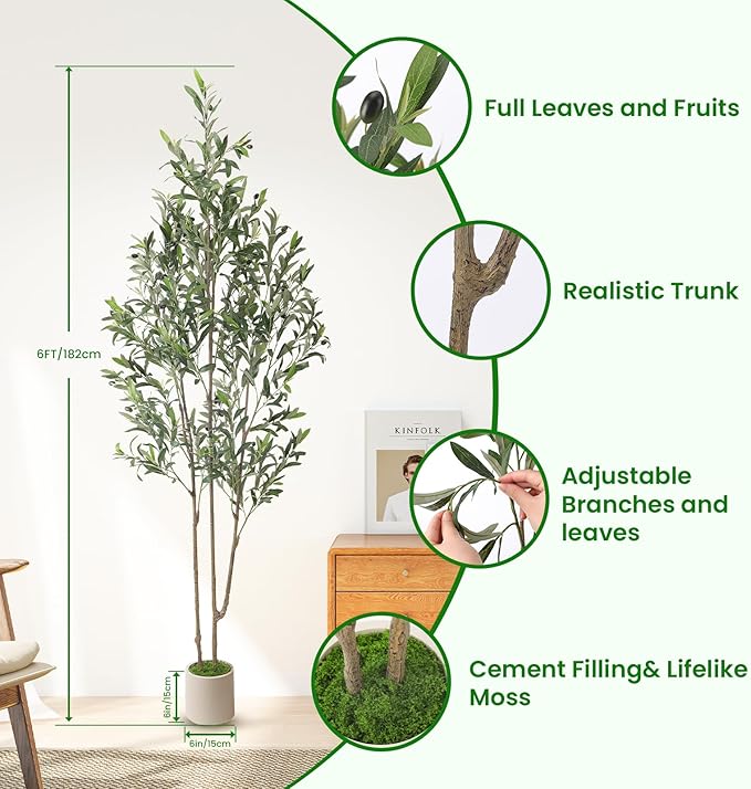 Alupssuc 6ft Olive Trees Artificial Indoor & Outdoor, Faux Olive Tree with Lively Artificial Trunk and Lifelike Fruits, Fake Potted Tree for Modern Home Office Living Room Decor