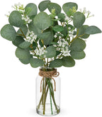 Briful Artificial Eucalyptus Stems with Baby Breath Flowers in Glass Vase with Faux Water, 14" Fake Plant Eucalyptus Leaves for Home Farmhouse Wedding Centerpiece Bathroom Décor