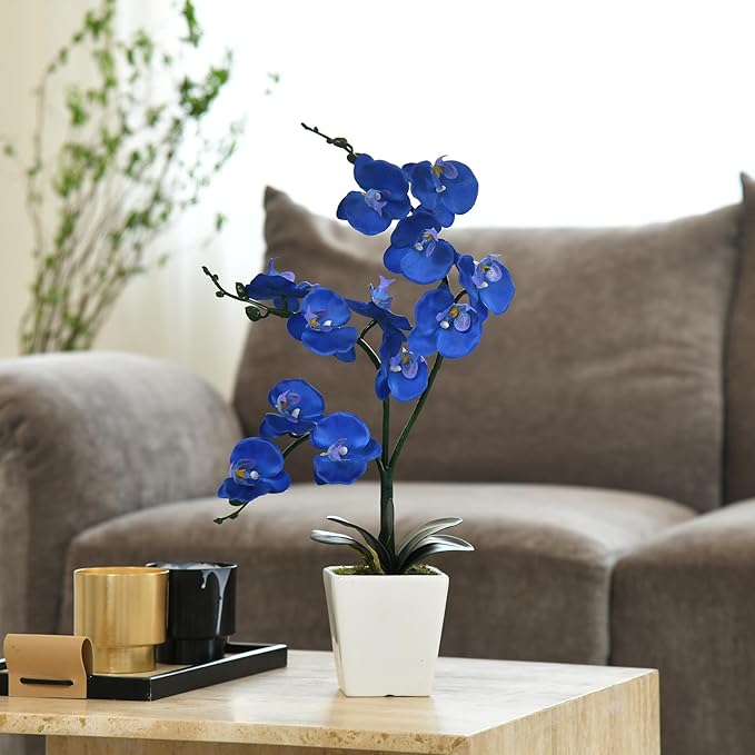 15" Tall Artificial Silk Phalaenopsis Orchid Flower Plant Pot Arrangements (Navy Blue)