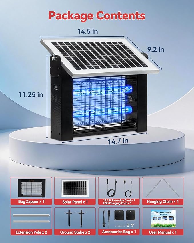 LANGY 10W Solar Bug Zapper Outdoor, 4500V Mosquito Zapper Outdoor Solar Waterproof Fly Zapper w 365nm Light, 5Ah Battery, 16.4ft Cord & Brush, Rechargeable Wireless Fly Insect Zapper Mosquitos Trap