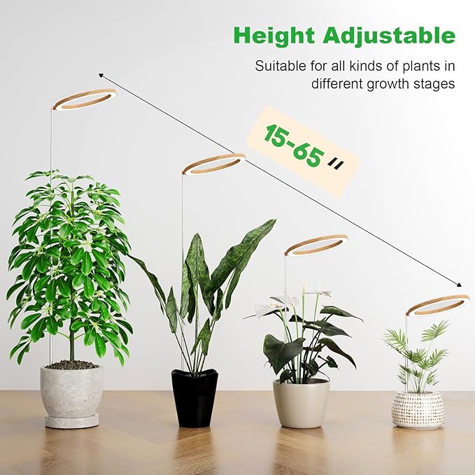 12" Grow Lights for Large Indoor Plants, Full Spectrum Tall Plant Grow Lights Indoor,Height Adjustable 15"-65",Timer Auto On/Off 3/9/12H,9 Brightness,Led Halo Grow Light for House Plants, Wood Grain