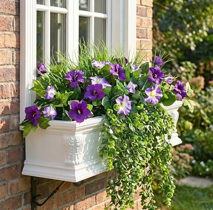Waipfaru Artificial Plants & Flowers, UV Resistant Fake Plants Artificial Flowers Outdoors, Realistic Faux Petunias Fake Hanging Plants for Outside Garden Balcony Yard Porch(10 Bundles Purple White)