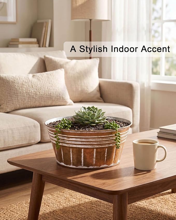 vensovo 10 Inches Brown Metal Rustic Plant Pots - 4 Pcs Large Shallow Galvanized Planters with Drain Hole and Rubber Plug, Rustproof Tin Bucket Succulent Pot Indoor Farmhouse Vintage Style for Decor