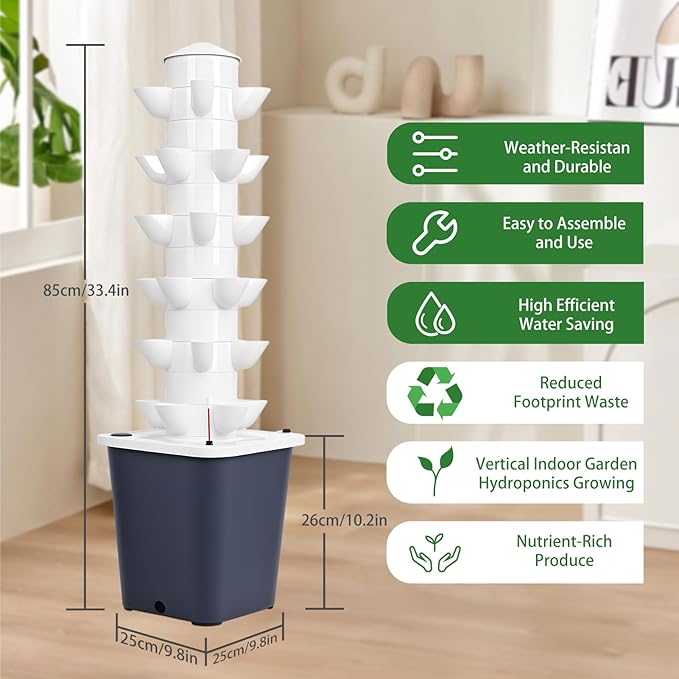 Vertical Hydroponics Garden Tower, 30-Plant Hydroponic Growing System with 10L Tank, 6 Layers Vertical Planter Towe Hydroponic Tower Garden, Automatic Watering for Home Indoor Gardening System Black