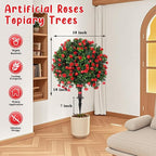 Grooy Artificial Boxwood Topiary Tree with Rose, Set of 2 Artificial Shrub Bushes with Ground Spike, Fake Evergreen Tree for Porch, Artificial Plants for Outdoor Planters Indoor UV Resistant