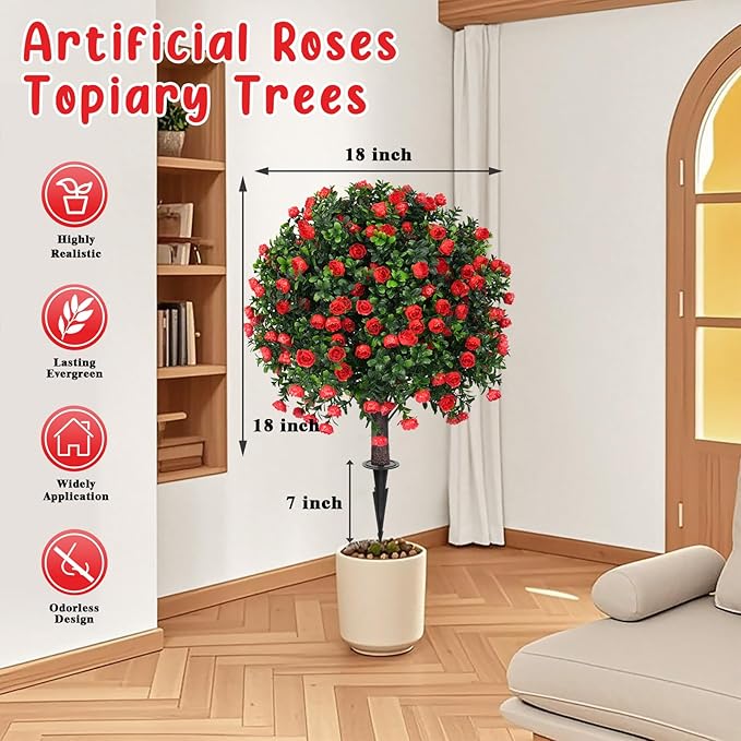 Grooy Artificial Boxwood Topiary Tree with Rose, Set of 2 Artificial Shrub Bushes with Ground Spike, Fake Evergreen Tree for Porch, Artificial Plants for Outdoor Planters Indoor UV Resistant